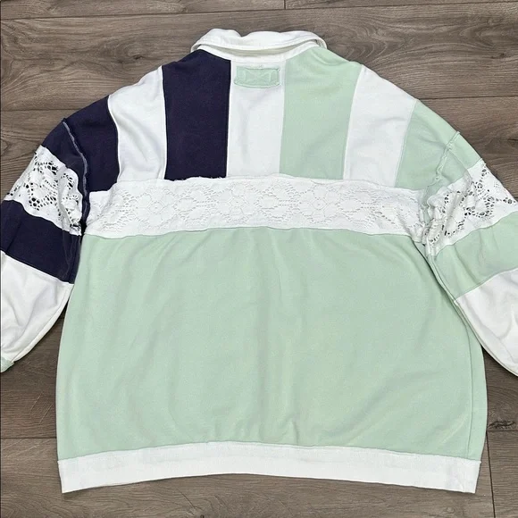 We The Free American Dream Polo Long Sleeve Sweatshirt Colorblock Green Blue S - Picture 6 of 15